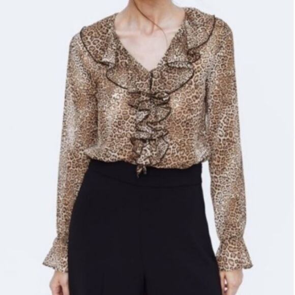 Zara Accessories Bodysuit Womens Small Brown Sheer Leopard Ruffled Animal Print - Picture 3 of 11